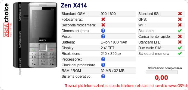 Zen X414 Dati tecnici di telefono cellulare 