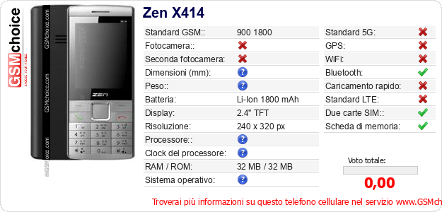 Zen X414 Dati tecnici di telefono cellulare Zen X414 Dati tecnici di telefono cellulare