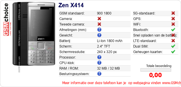 Zen X414 Technische gegevens 