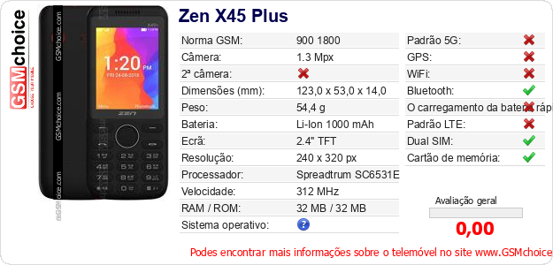Zen X45 Plus Especificações técnicas do telemóvel Zen X45 Plus Especificações técnicas do telemóvel