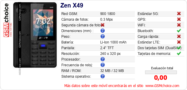 Zen X49 Datos técnicos del móvil 
