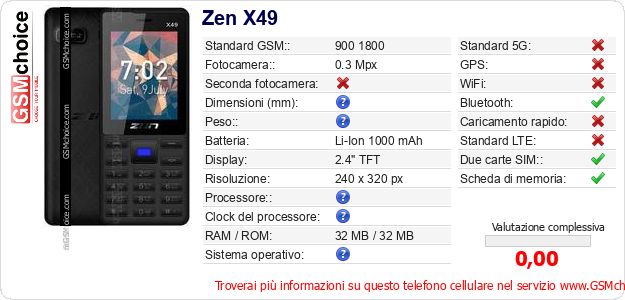 Zen X49 Dati tecnici di telefono cellulare Zen X49 Dati tecnici di telefono cellulare