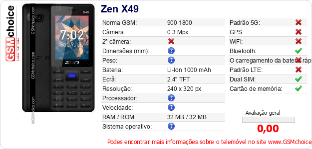 Zen X49 Especificações técnicas do telemóvel 