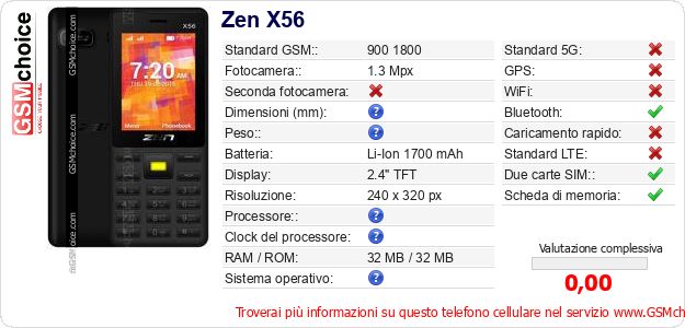 Zen X56 Dati tecnici di telefono cellulare Zen X56 Dati tecnici di telefono cellulare