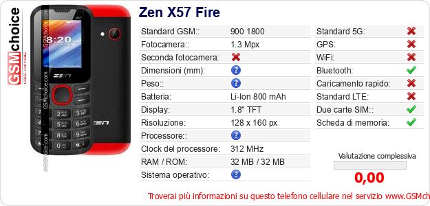 Zen X57 Fire Dati tecnici di telefono cellulare Zen X57 Fire Dati tecnici di telefono cellulare