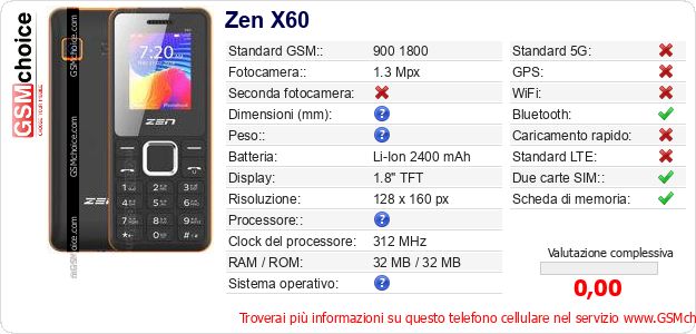 Zen X60 Dati tecnici di telefono cellulare Zen X60 Dati tecnici di telefono cellulare