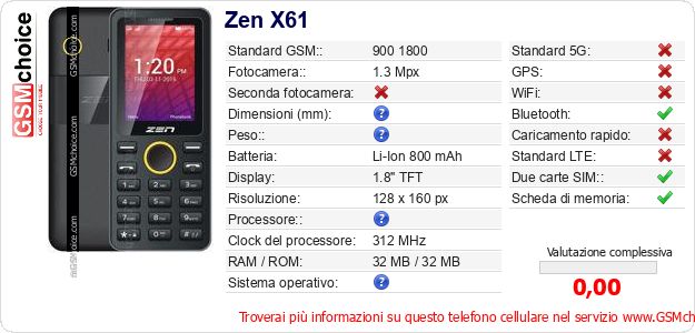 Zen X61 Dati tecnici di telefono cellulare Zen X61 Dati tecnici di telefono cellulare