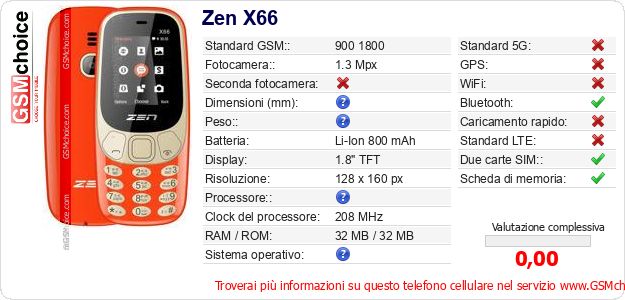 Zen X66 Dati tecnici di telefono cellulare Zen X66 Dati tecnici di telefono cellulare