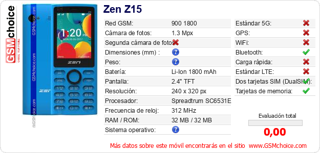 Zen Z15 Datos técnicos del móvil 