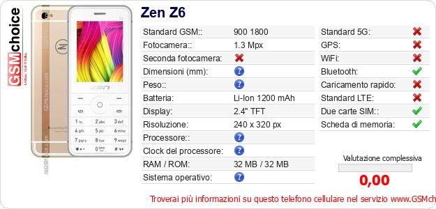 Zen Z6 Dati tecnici di telefono cellulare Zen Z6 Dati tecnici di telefono cellulare