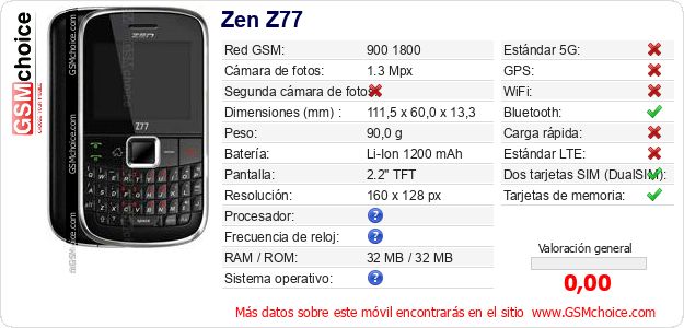 Zen Z77 Datos técnicos del móvil Zen Z77 Datos técnicos del móvil