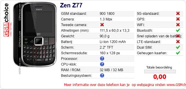 Zen Z77 Technische gegevens Zen Z77 Technische gegevens
