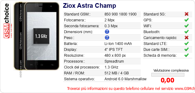 Ziox Astra Champ Dati tecnici di telefono cellulare Ziox Astra Champ Dati tecnici di telefono cellulare
