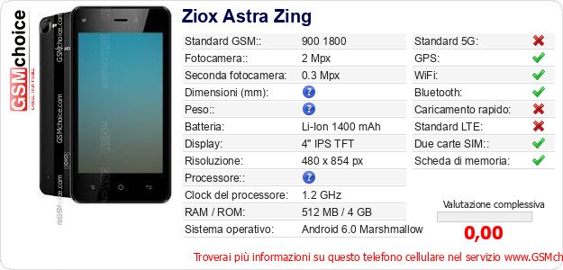 Ziox Astra Zing Dati tecnici di telefono cellulare Ziox Astra Zing Dati tecnici di telefono cellulare