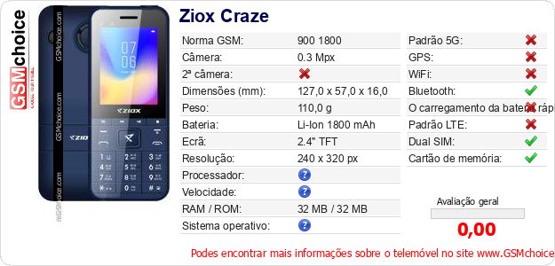 Ziox Craze Especificações técnicas do telemóvel Ziox Craze Especificações técnicas do telemóvel