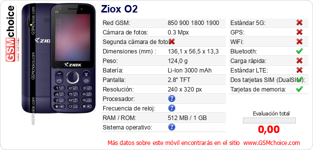 Ziox O2 Datos técnicos del móvil Ziox O2 Datos técnicos del móvil