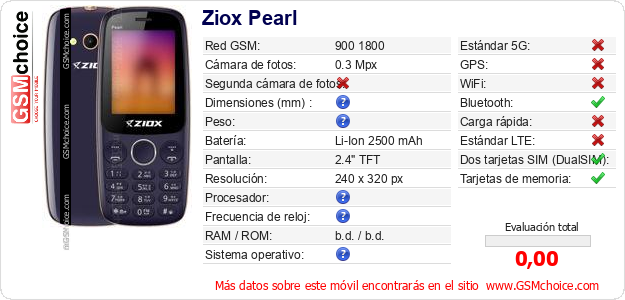 Ziox Pearl Datos técnicos del móvil Ziox Pearl Datos técnicos del móvil