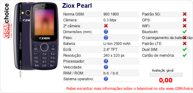 Ziox Pearl Especificações técnicas do telemóvel Ziox Pearl Especificações técnicas do telemóvel