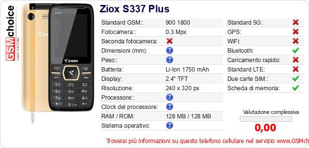 Ziox S337 Plus Dati tecnici di telefono cellulare 