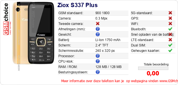 Ziox S337 Plus Technische gegevens 