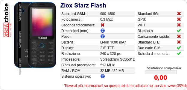 Ziox Starz Flash Dati tecnici di telefono cellulare Ziox Starz Flash Dati tecnici di telefono cellulare