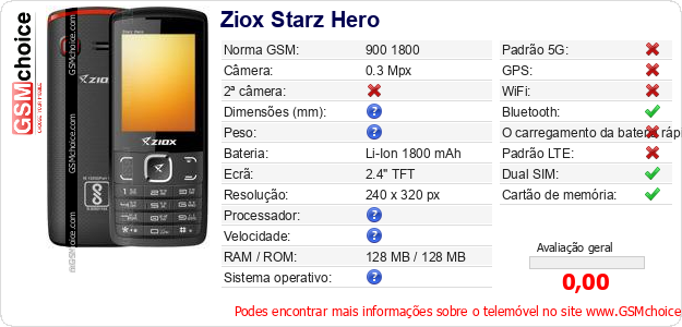 Ziox Starz Hero Especificações técnicas do telemóvel Ziox Starz Hero Especificações técnicas do telemóvel
