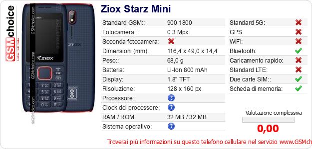 Ziox Starz Mini Dati tecnici di telefono cellulare Ziox Starz Mini Dati tecnici di telefono cellulare