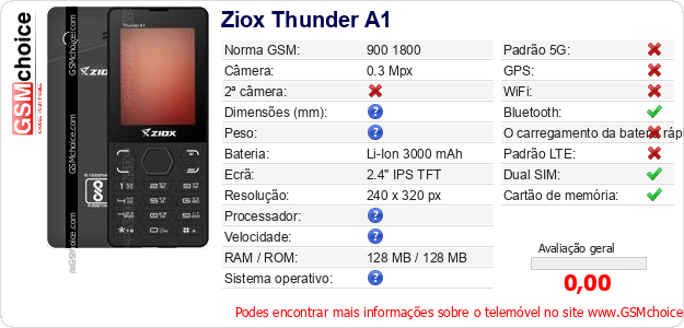 Ziox Thunder A1 Especificações técnicas do telemóvel Ziox Thunder A1 Especificações técnicas do telemóvel