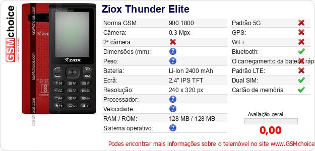 Ziox Thunder Elite Especificações técnicas do telemóvel Ziox Thunder Elite Especificações técnicas do telemóvel