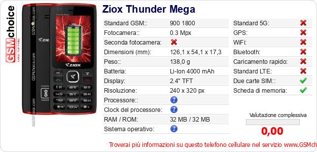 Ziox Thunder Mega Dati tecnici di telefono cellulare Ziox Thunder Mega Dati tecnici di telefono cellulare