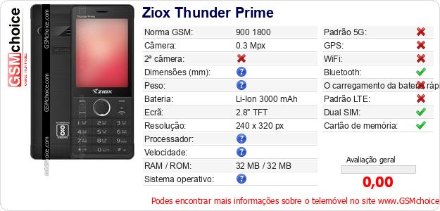 Ziox Thunder Prime Especificações técnicas do telemóvel Ziox Thunder Prime Especificações técnicas do telemóvel