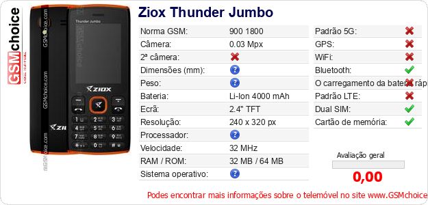 Ziox Thunder Jumbo Especificações técnicas do telemóvel Ziox Thunder Jumbo Especificações técnicas do telemóvel