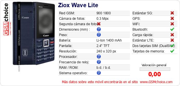 Ziox Wave Lite Datos técnicos del móvil Ziox Wave Lite Datos técnicos del móvil