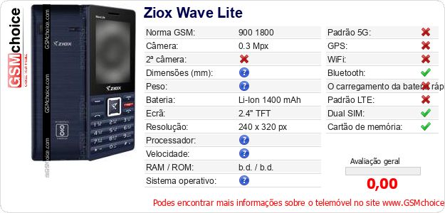 Ziox Wave Lite Especificações técnicas do telemóvel Ziox Wave Lite Especificações técnicas do telemóvel