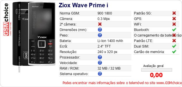 Ziox Wave Prime i Especificações técnicas do telemóvel Ziox Wave Prime i Especificações técnicas do telemóvel