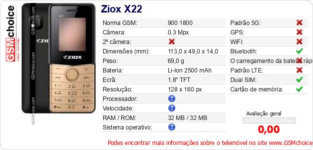Ziox X22 Especificações técnicas do telemóvel Ziox X22 Especificações técnicas do telemóvel