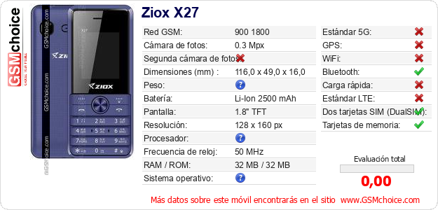 Ziox X27 Datos técnicos del móvil Ziox X27 Datos técnicos del móvil