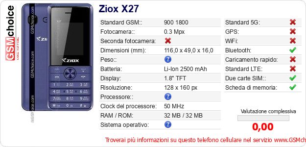 Ziox X27 Dati tecnici di telefono cellulare Ziox X27 Dati tecnici di telefono cellulare