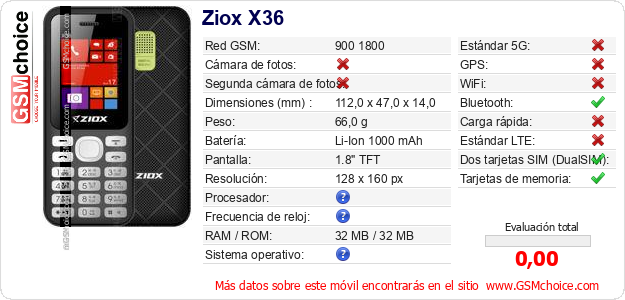 Ziox X36 Datos técnicos del móvil Ziox X36 Datos técnicos del móvil