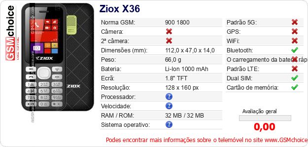 Ziox X36 Especificações técnicas do telemóvel Ziox X36 Especificações técnicas do telemóvel