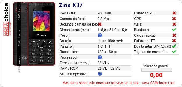 Ziox X37 Datos técnicos del móvil Ziox X37 Datos técnicos del móvil