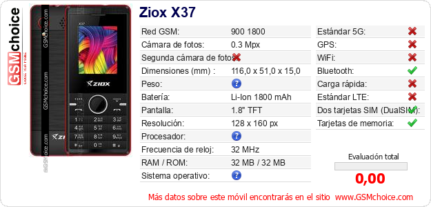 Ziox X37 Datos técnicos del móvil Ziox X37 Datos técnicos del móvil
