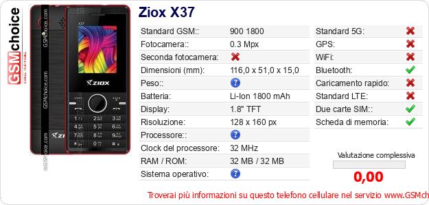 Ziox X37 Dati tecnici di telefono cellulare 