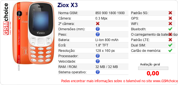 Ziox X3 Especificações técnicas do telemóvel Ziox X3 Especificações técnicas do telemóvel