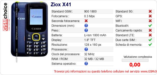 Ziox X41 Dati tecnici di telefono cellulare 