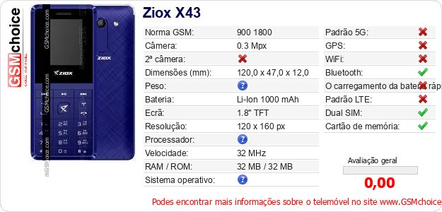Ziox X43 Especificações técnicas do telemóvel Ziox X43 Especificações técnicas do telemóvel