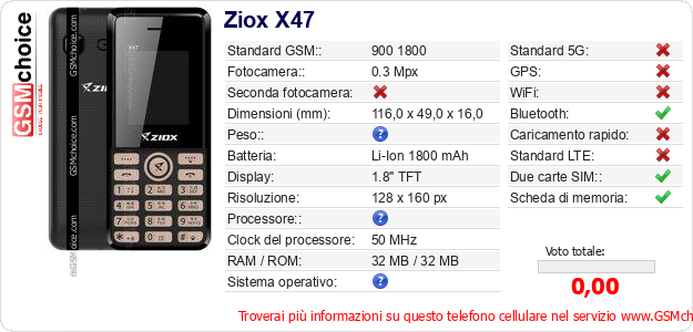 Ziox X47 Dati tecnici di telefono cellulare 