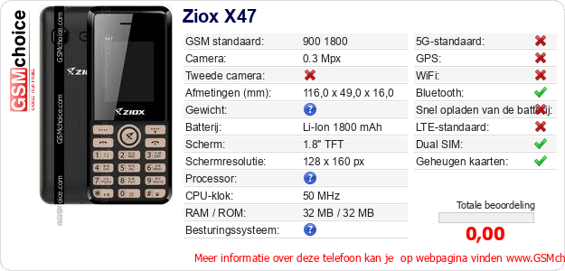 Ziox X47 Technische gegevens Ziox X47 Technische gegevens
