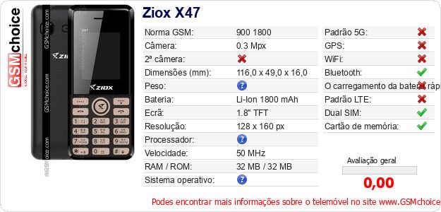 Ziox X47 Especificações técnicas do telemóvel 
