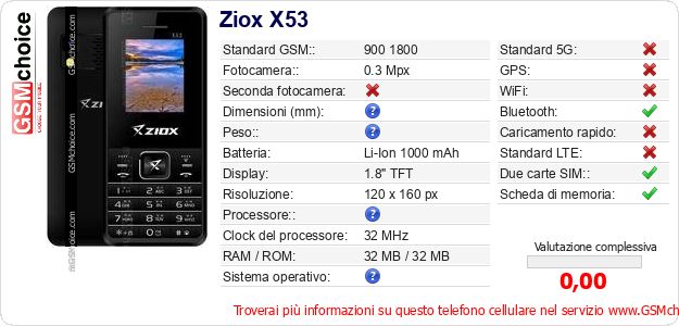 Ziox X53 Dati tecnici di telefono cellulare 